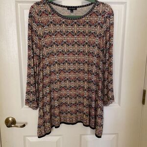 Max Edition Women’s Navy Print Tunic with Bell Sleeves and Asymmetric Hem, Size